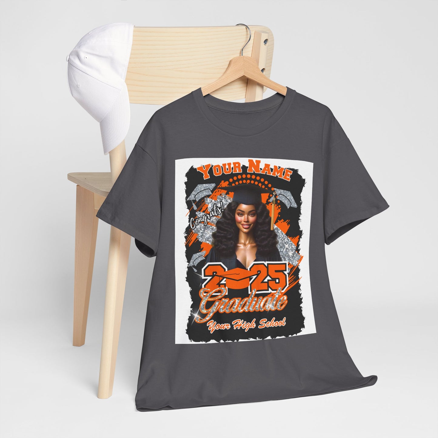 Orange/Silver Customizable Graduate 2025 Unisex Heavy Cotton Tee