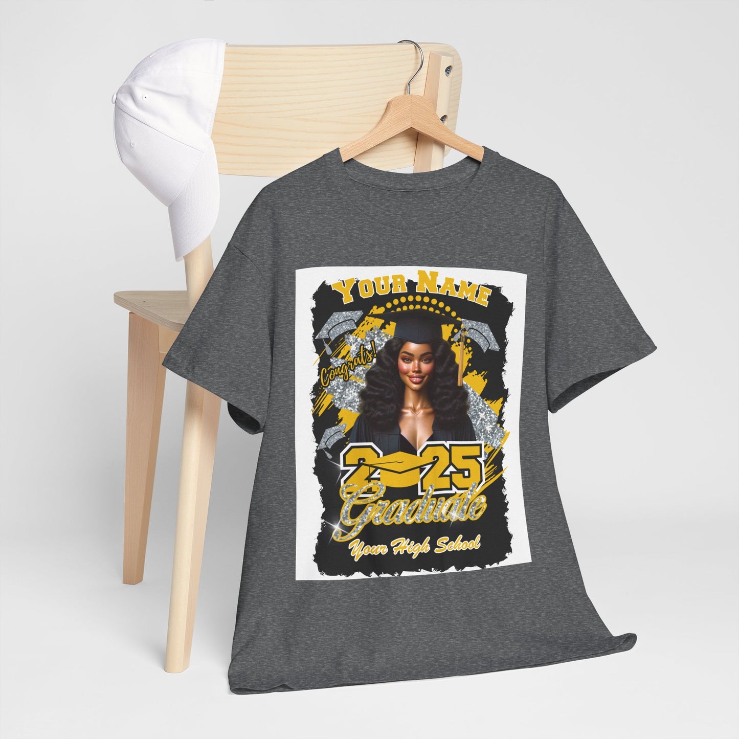 Yellow Gold/Silver Customizable Graduate 2025 Unisex Heavy Cotton Tee