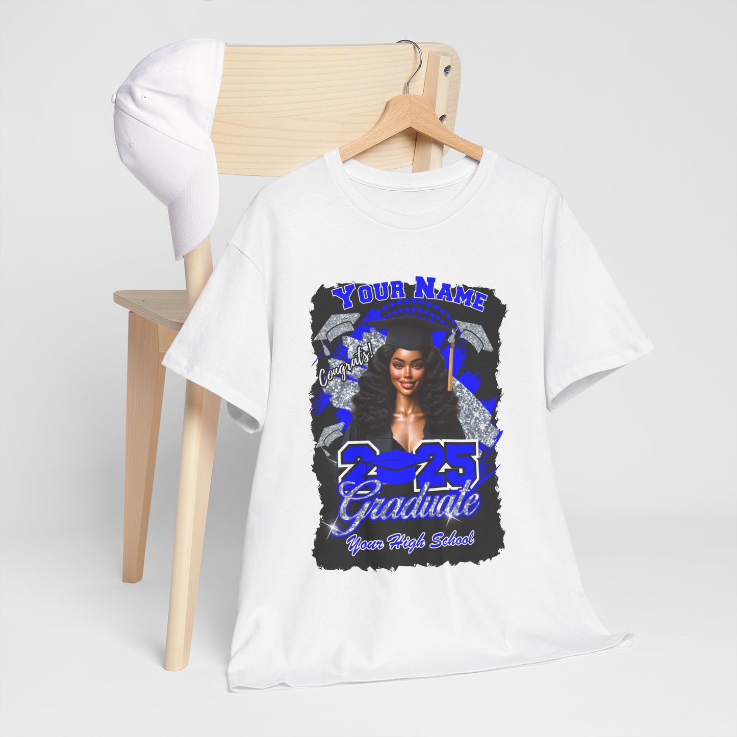 Royal Blue/Silver Customizable Graduate 2025 Unisex Heavy Cotton Tee