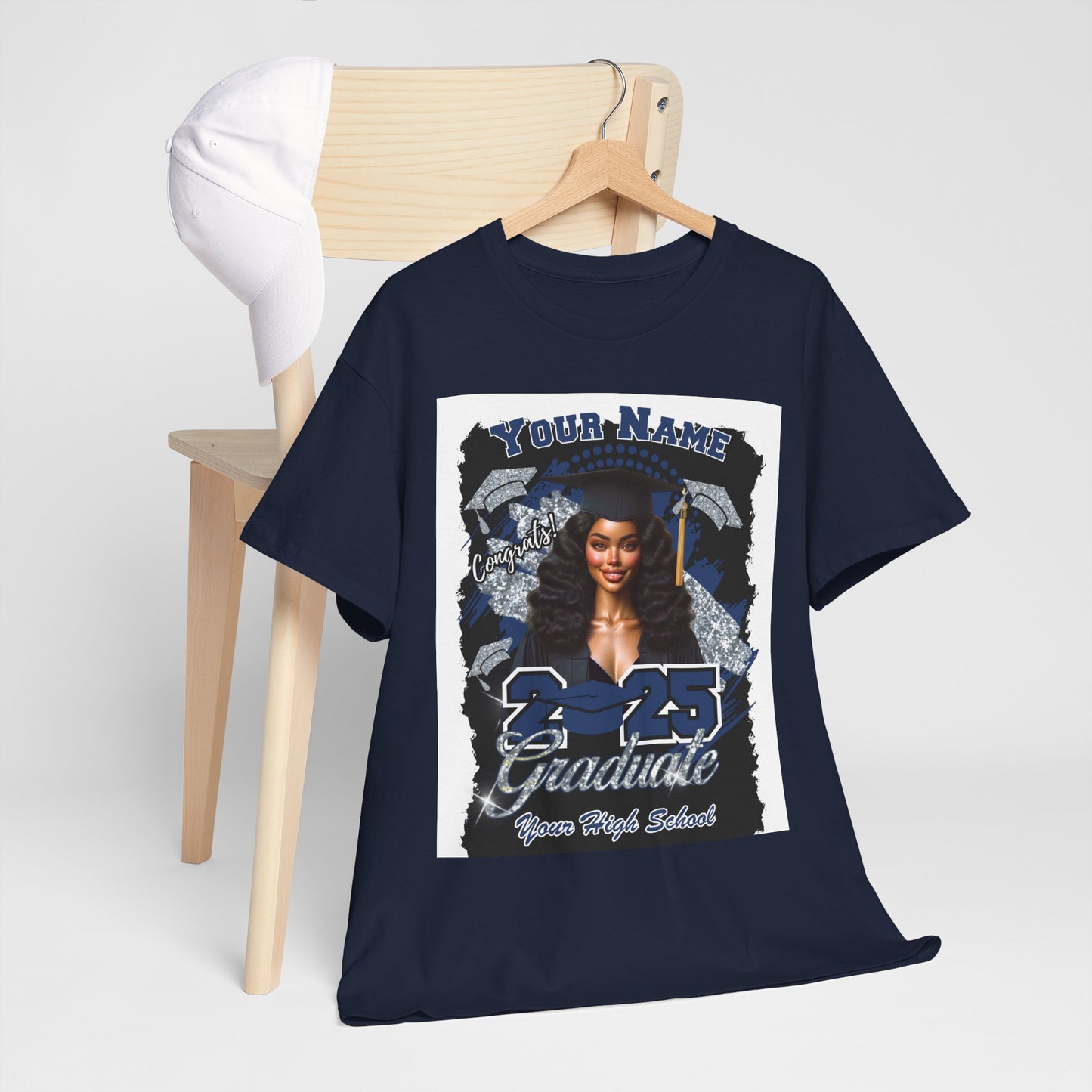 Navy Blue/Silver - Customizable Graduate 2025 Unisex Heavy Cotton Tee