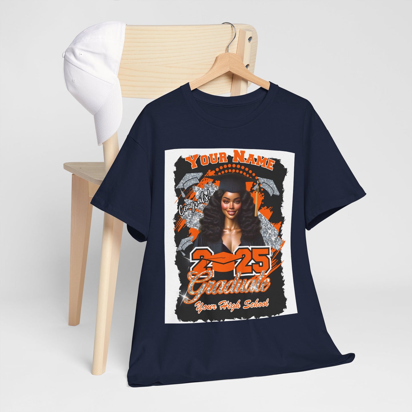 Orange/Silver Customizable Graduate 2025 Unisex Heavy Cotton Tee