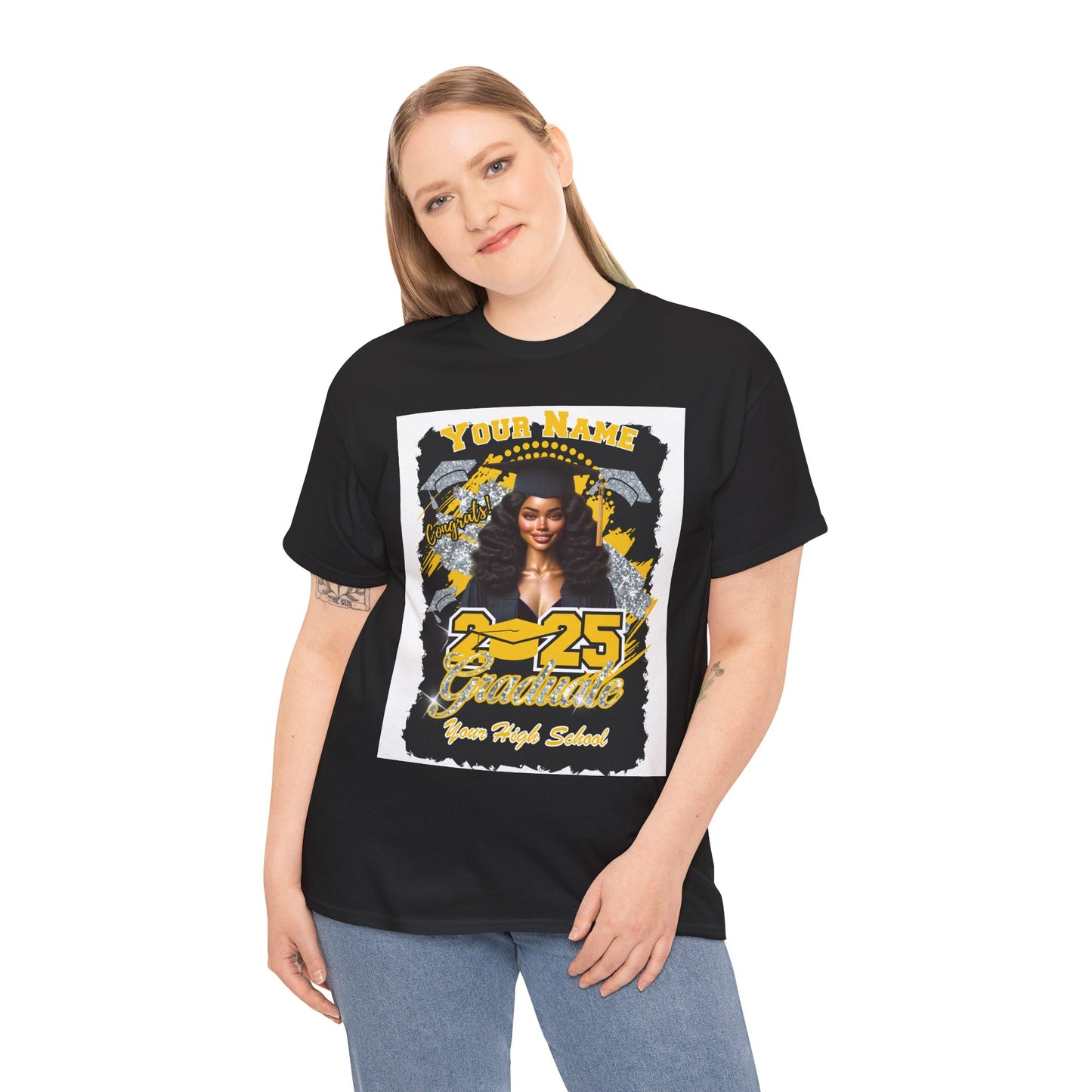 Yellow Gold/Silver Customizable Graduate 2025 Unisex Heavy Cotton Tee