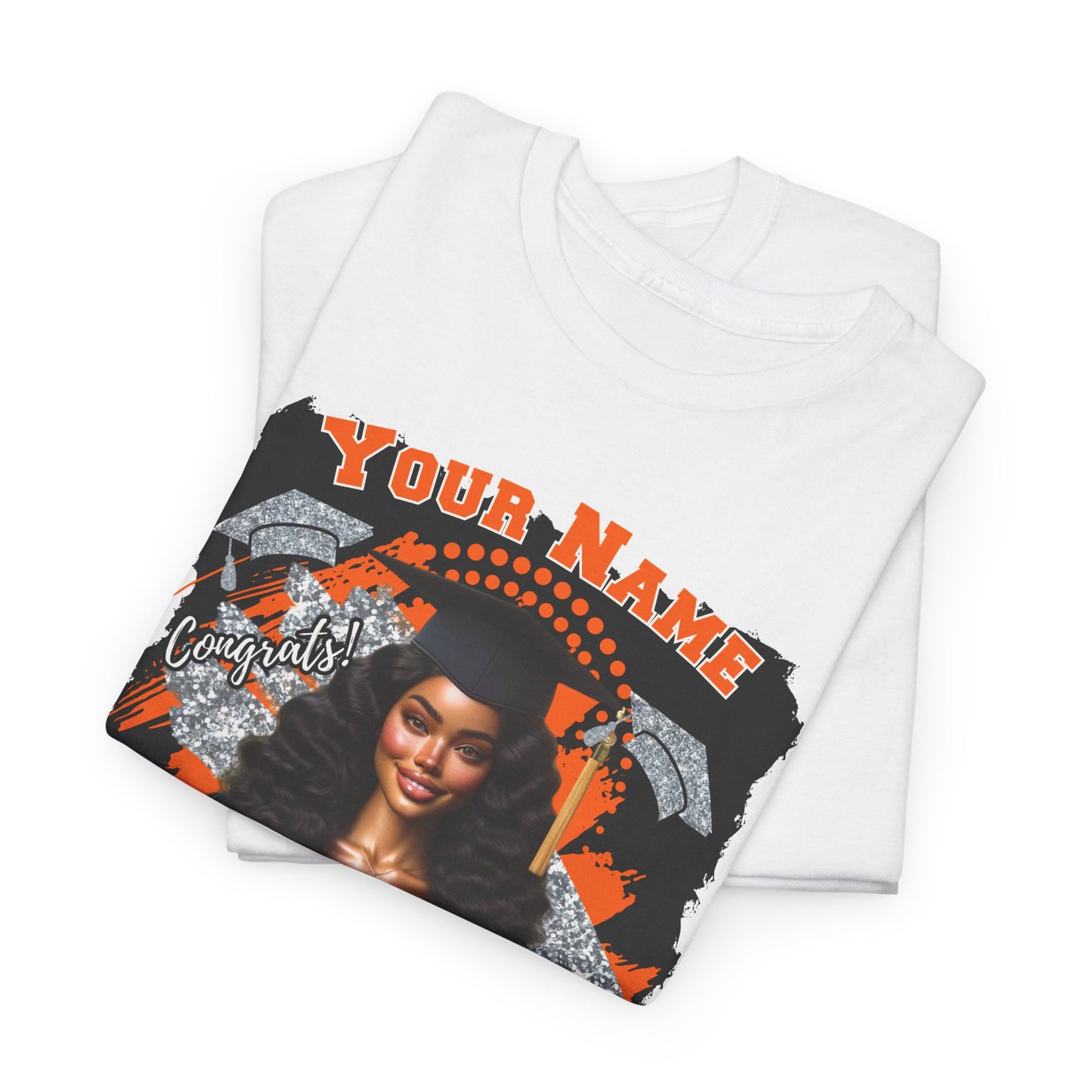 Orange/Silver Customizable Graduate 2025 Unisex Heavy Cotton Tee