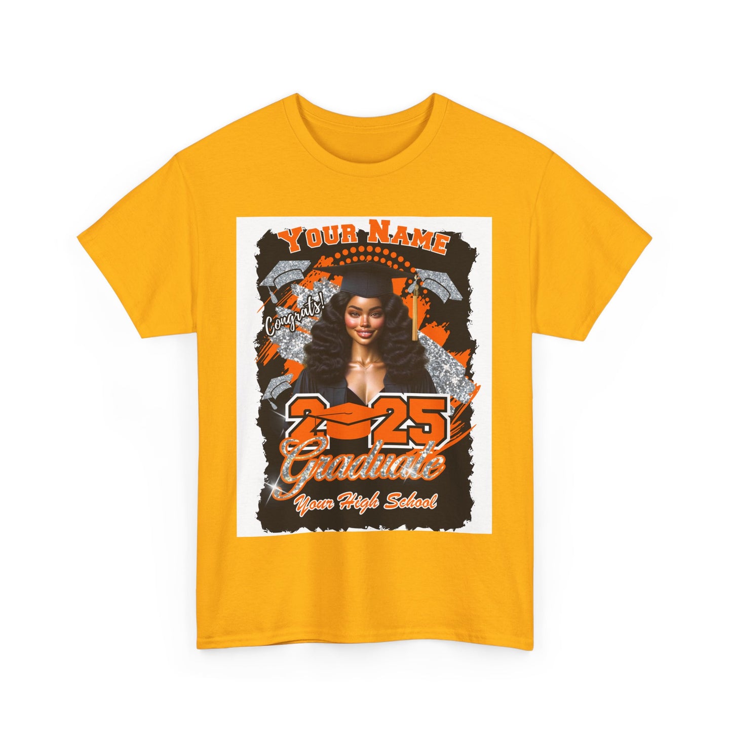 Orange/Silver Customizable Graduate 2025 Unisex Heavy Cotton Tee