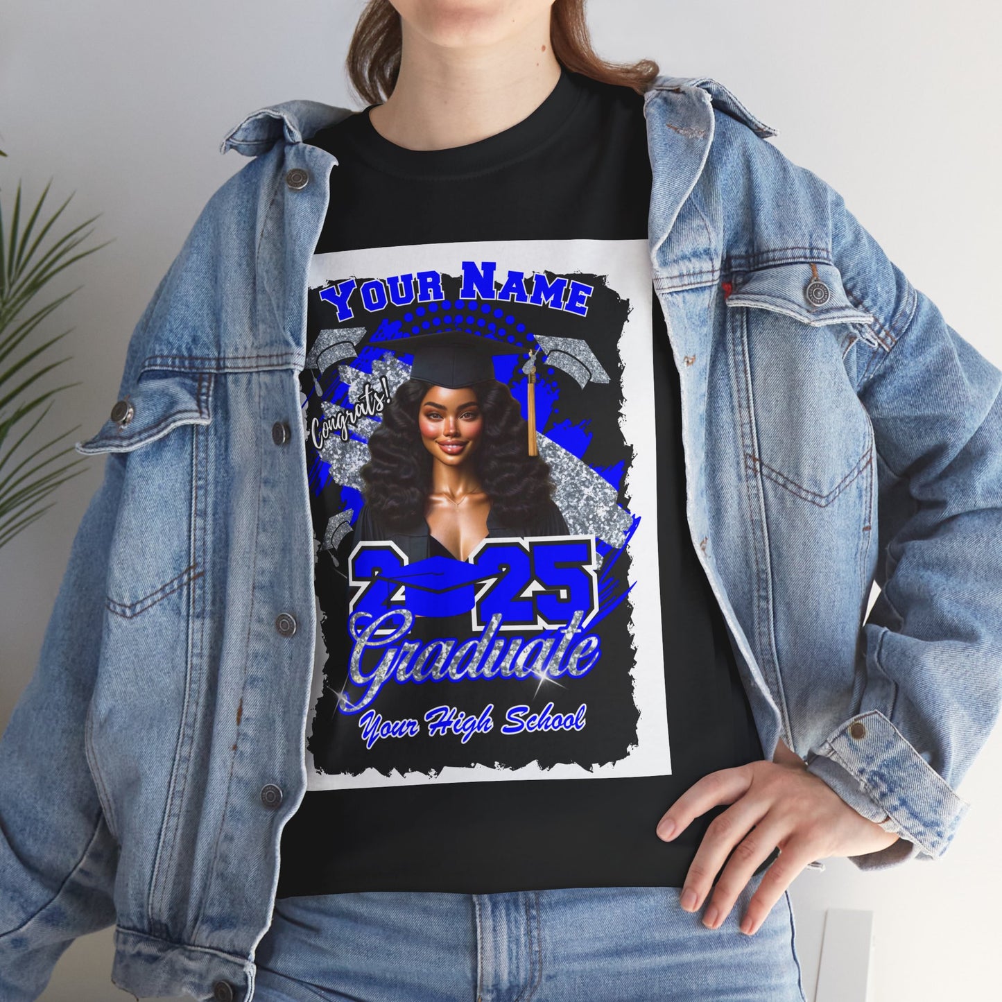 Royal Blue/Silver Customizable Graduate 2025 Unisex Heavy Cotton Tee