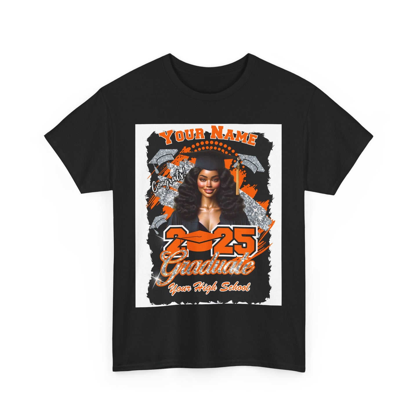 Orange/Silver Customizable Graduate 2025 Unisex Heavy Cotton Tee