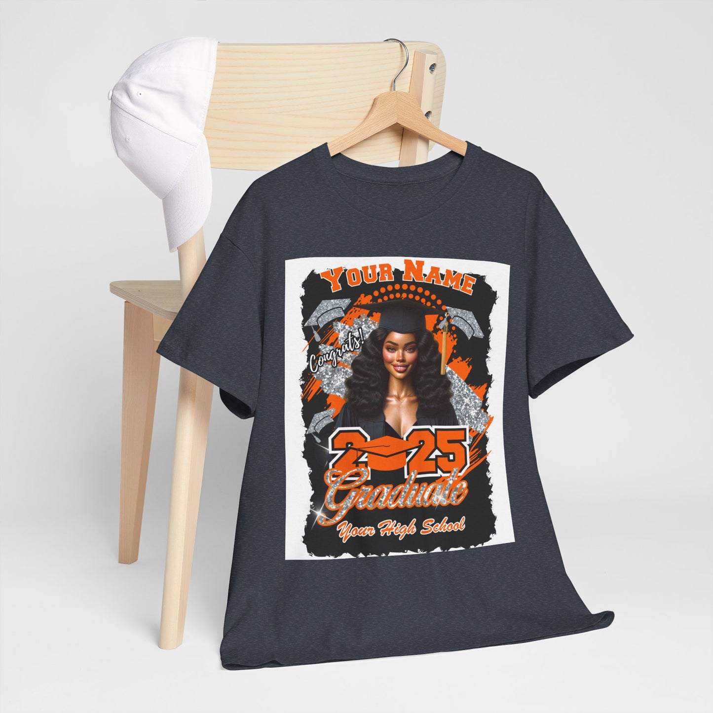 Orange/Silver Customizable Graduate 2025 Unisex Heavy Cotton Tee