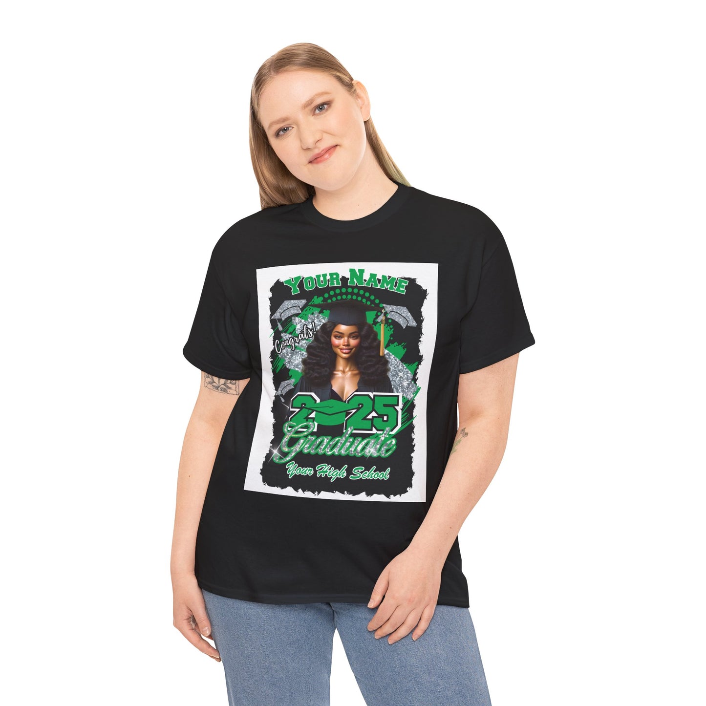 Green/Silver - Customizable Graduate 2025 Unisex Heavy Cotton Tee