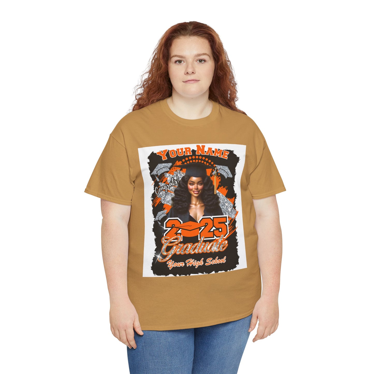 Orange/Silver Customizable Graduate 2025 Unisex Heavy Cotton Tee