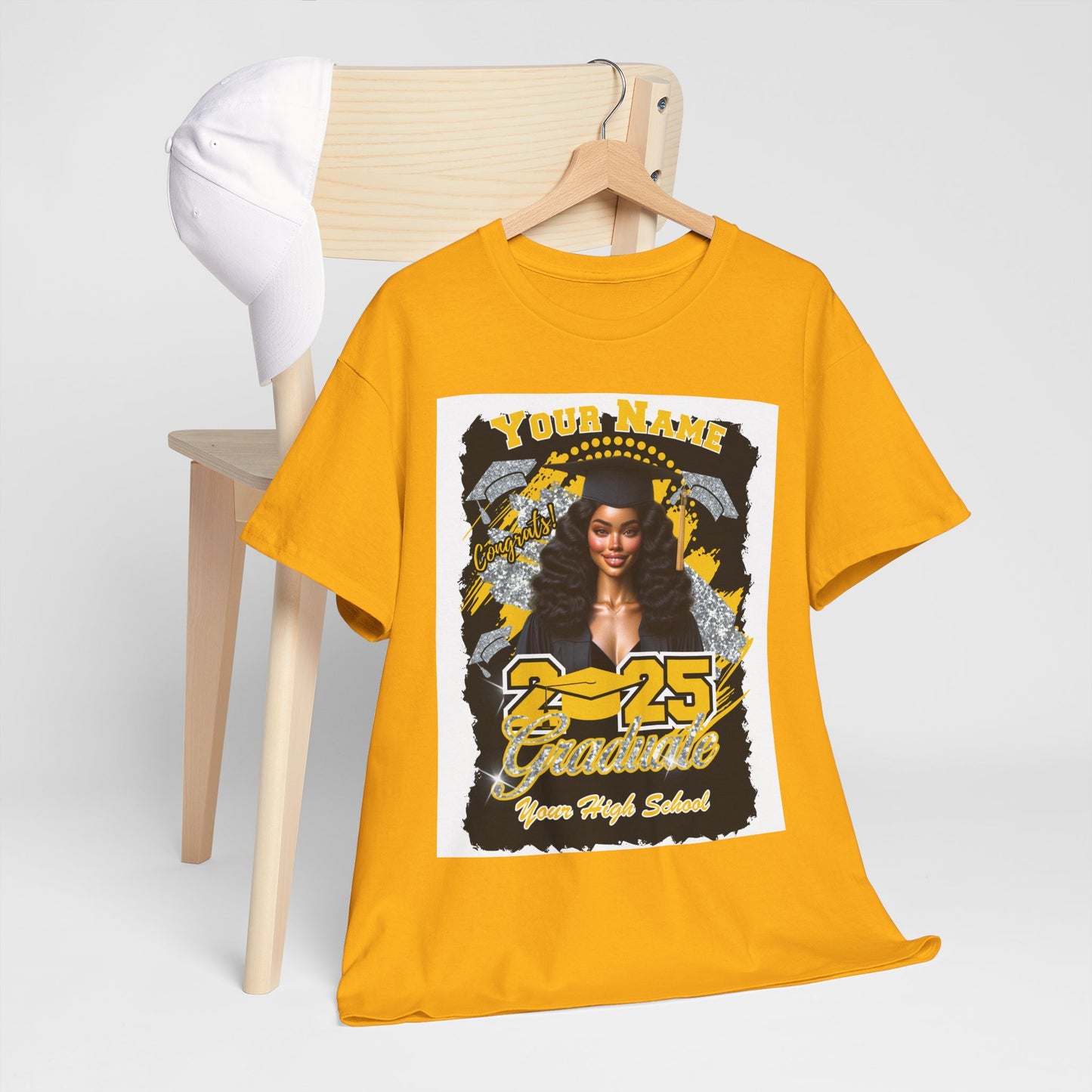 Yellow Gold/Silver Customizable Graduate 2025 Unisex Heavy Cotton Tee