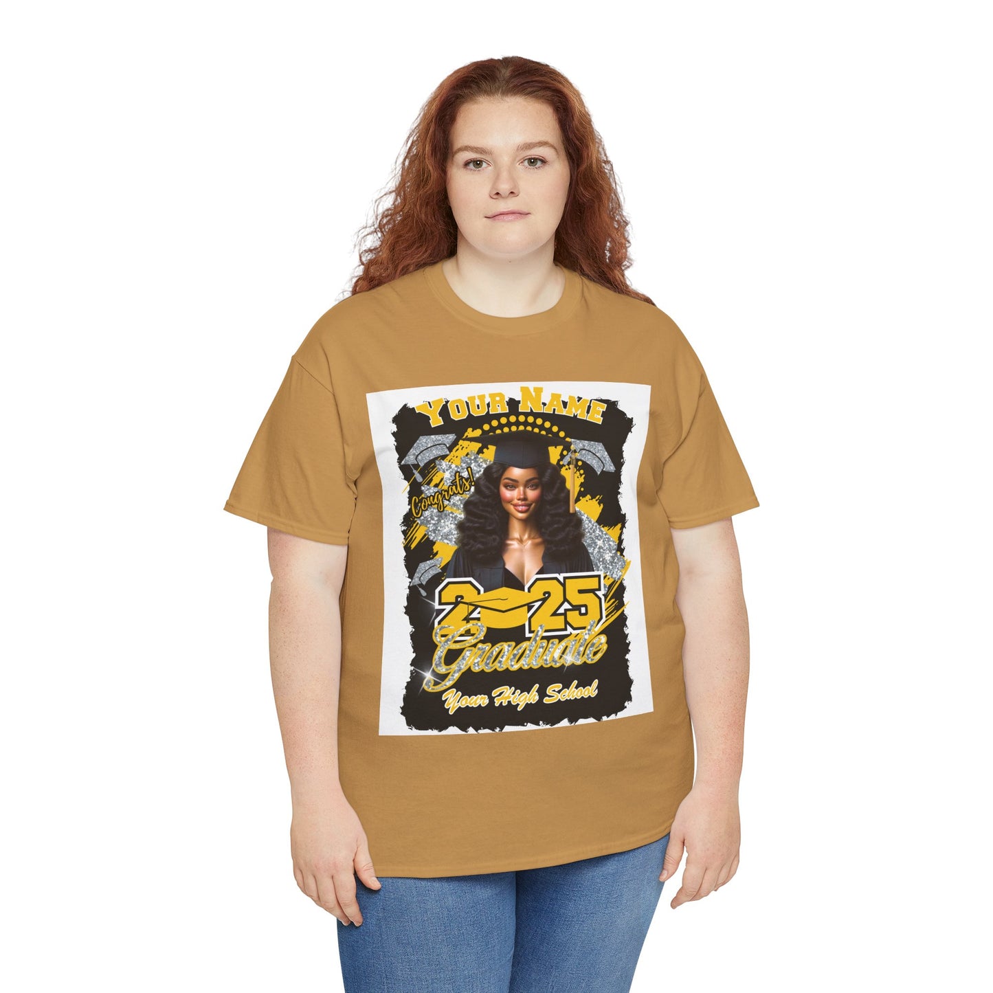 Yellow Gold/Silver Customizable Graduate 2025 Unisex Heavy Cotton Tee