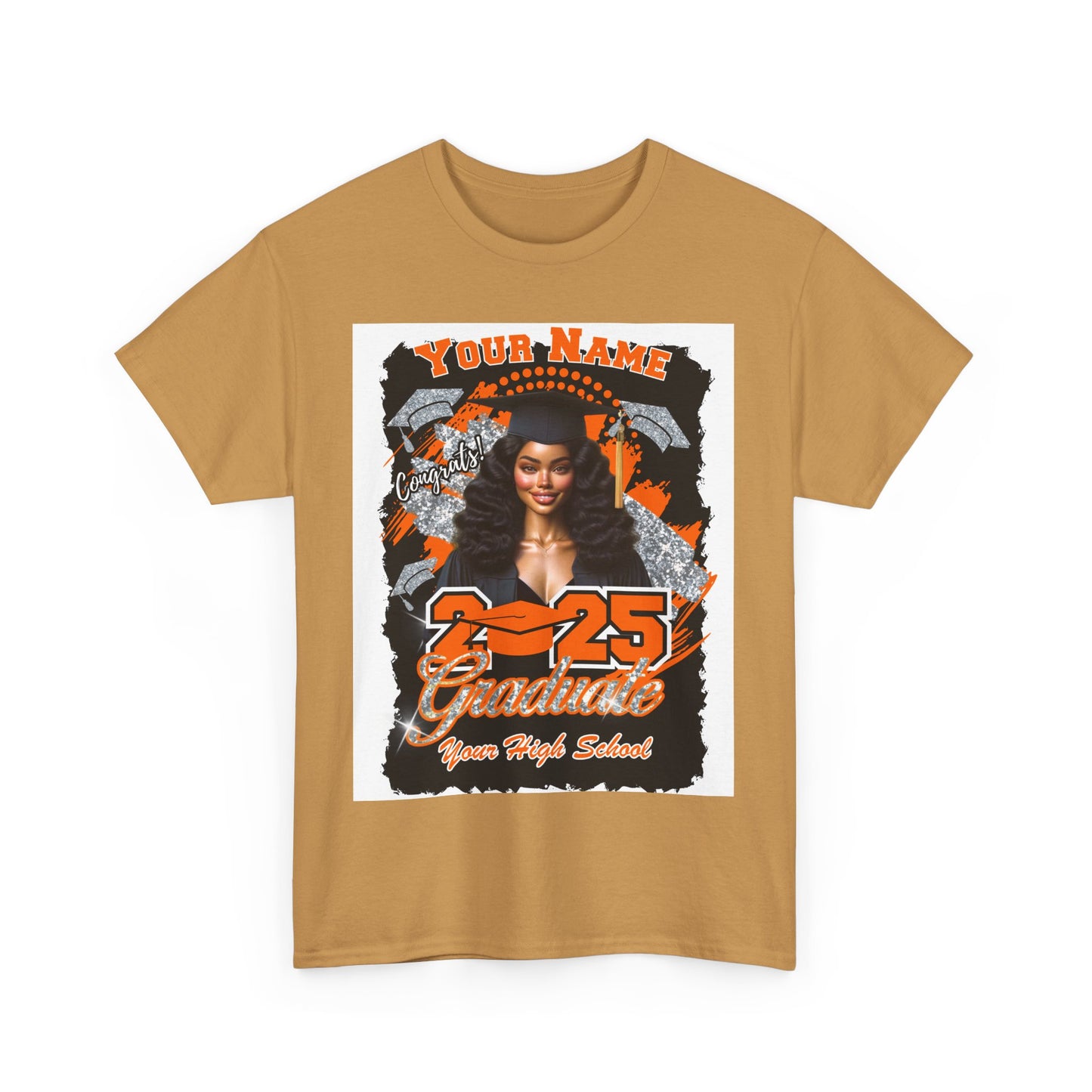 Orange/Silver Customizable Graduate 2025 Unisex Heavy Cotton Tee