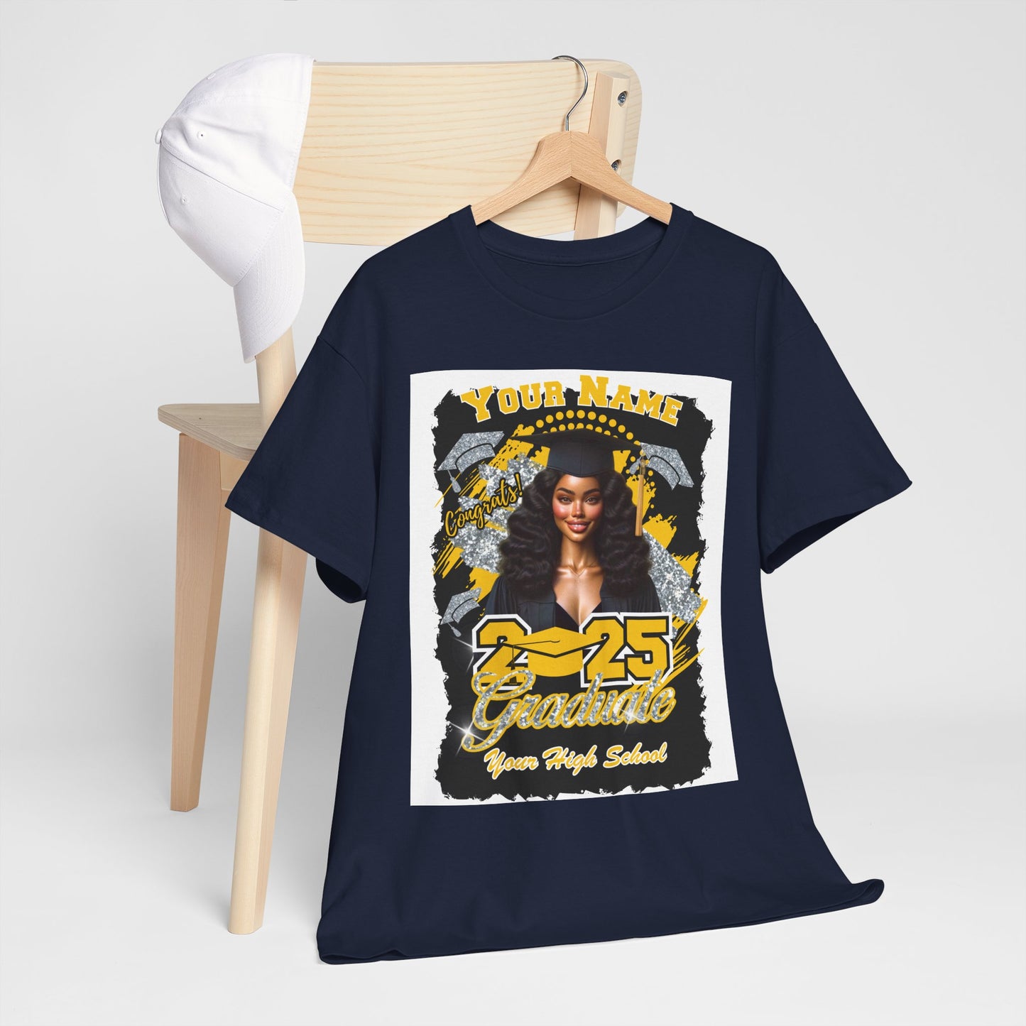 Yellow Gold/Silver Customizable Graduate 2025 Unisex Heavy Cotton Tee