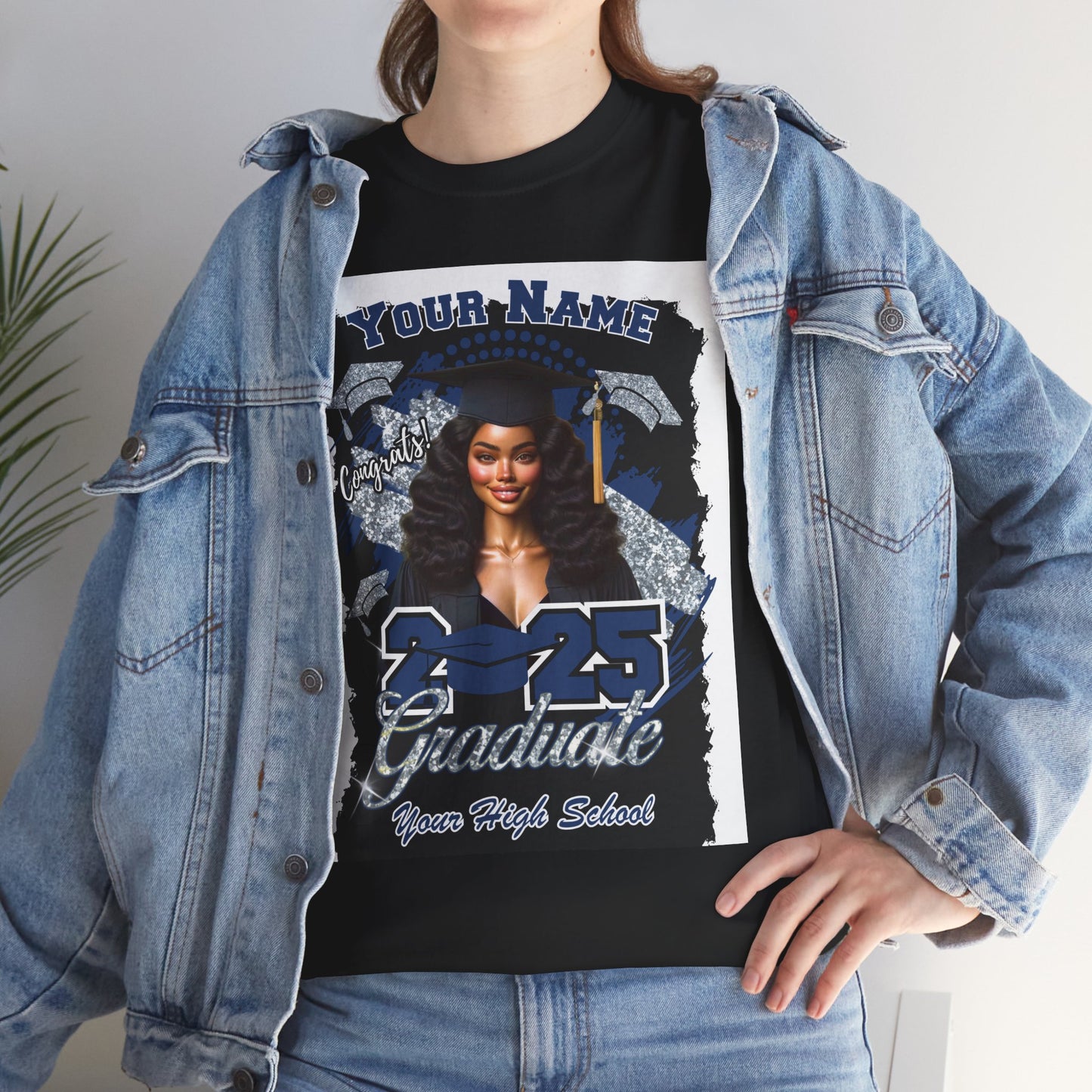 Navy Blue/Silver - Customizable Graduate 2025 Unisex Heavy Cotton Tee