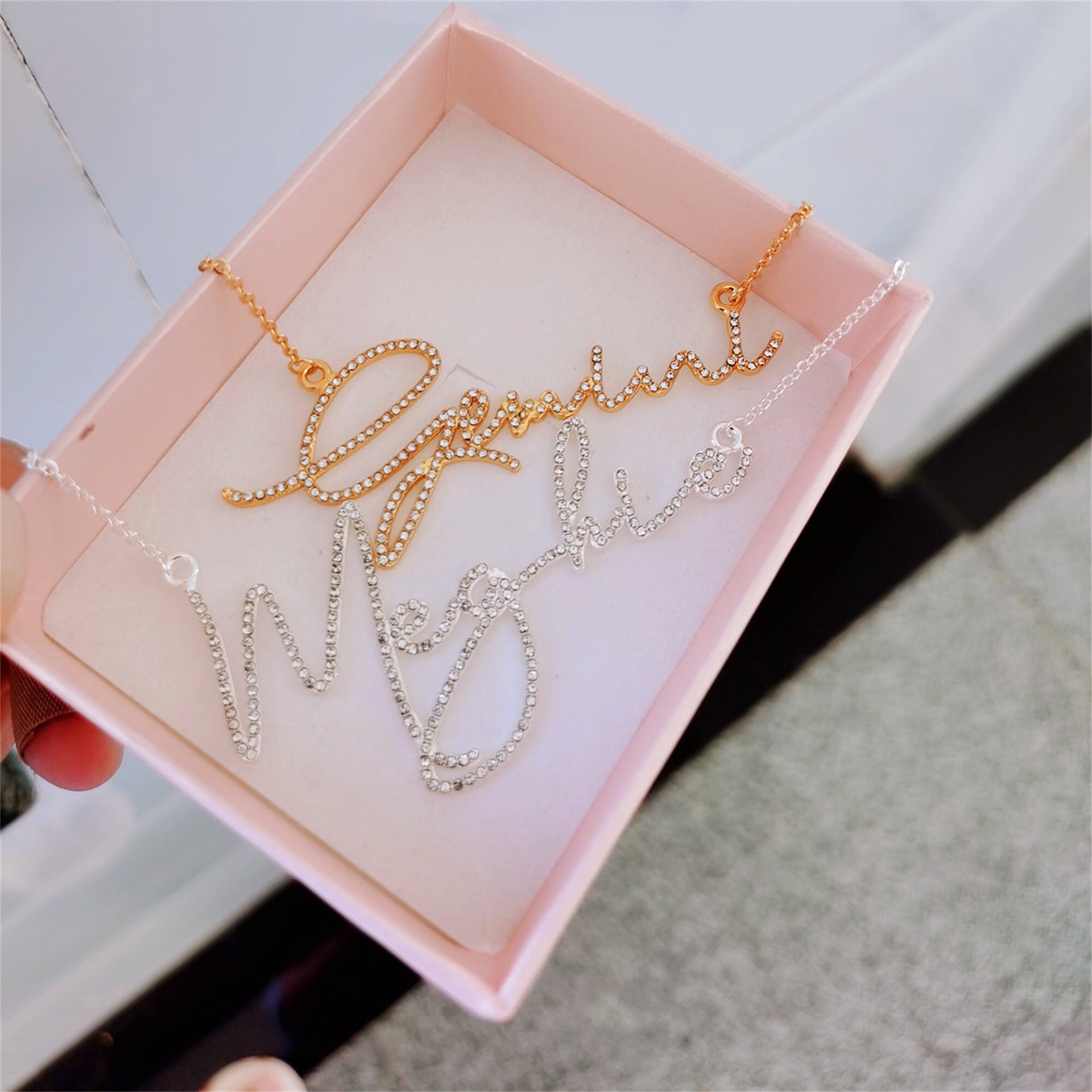 Diamond Name Necklace Stainless Steel English Letters Personalized Crystal Handwritten Name Necklace